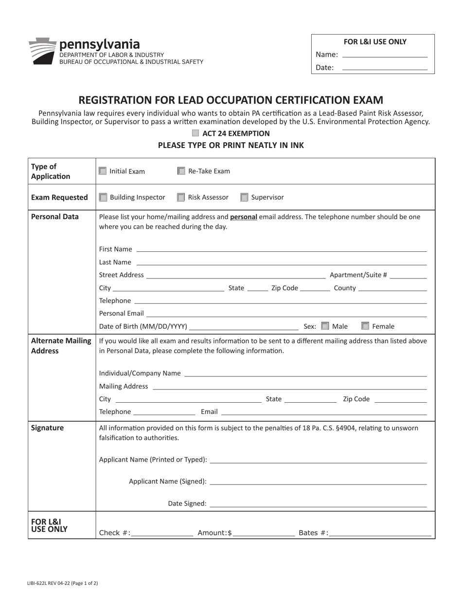 Form LIBI-622L Registration for Lead Occupation Certification Exam - Pennsylvania, Page 1