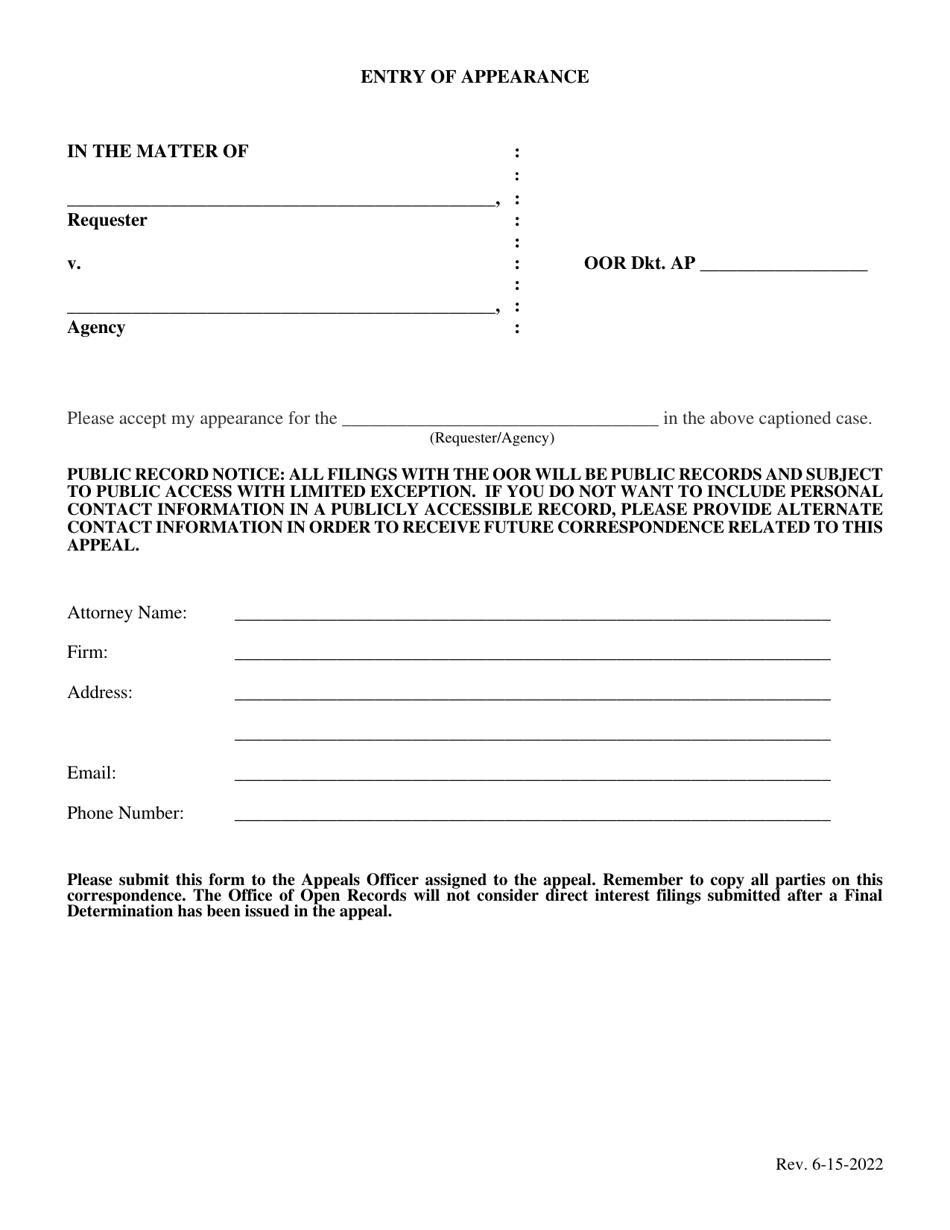 Pennsylvania Entry of Appearance Fill Out Sign Online and Download