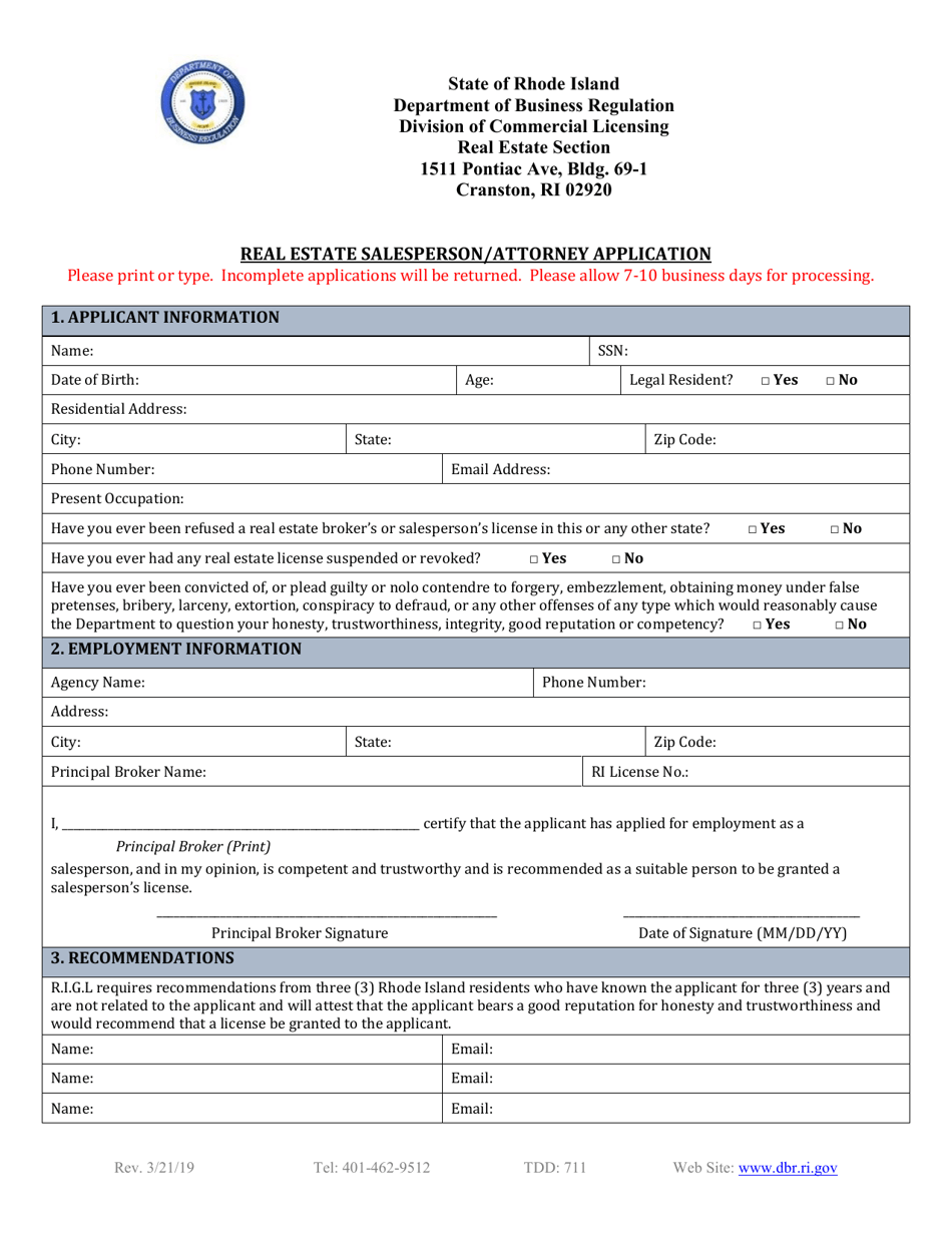 Real Estate Salesperson / Attorney Application - Rhode Island, Page 2