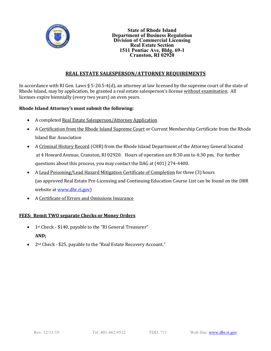 Rhode Island Real Estate Salesperson/Attorney Application Fill Out