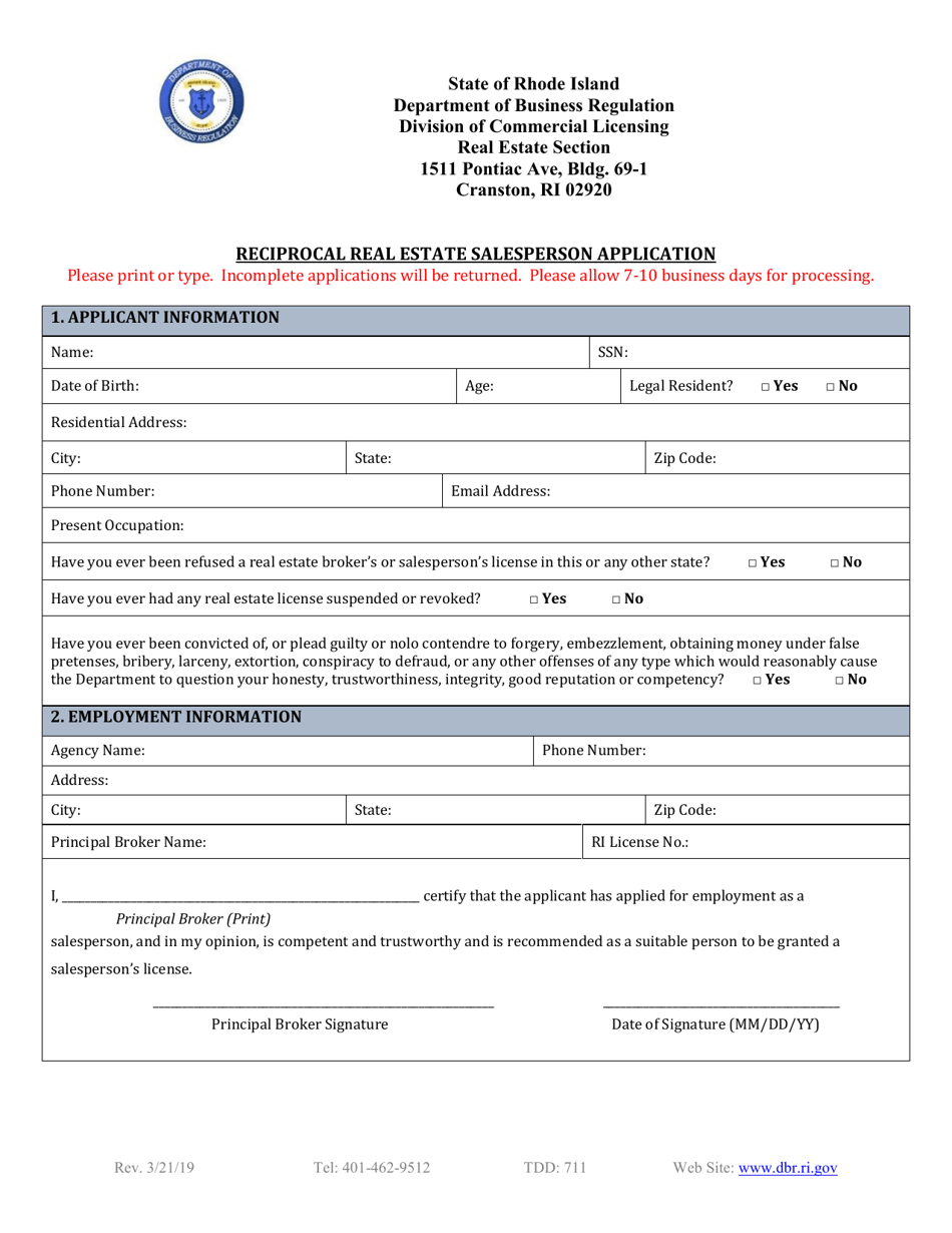 Rhode Island Reciprocal Real Estate Salesperson Application Fill Out, Sign Online and Download