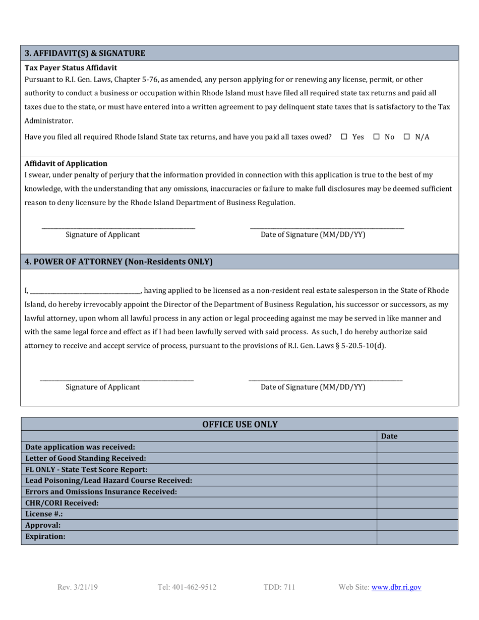 Rhode Island Reciprocal Real Estate Salesperson Application Fill Out, Sign Online and Download