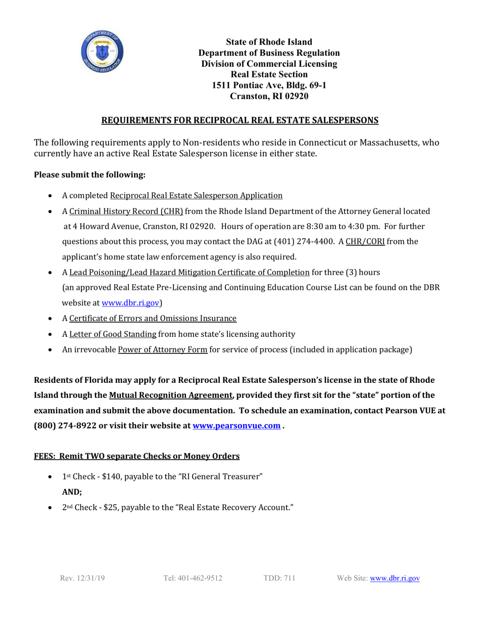 Rhode Island Reciprocal Real Estate Salesperson Application Fill Out, Sign Online and Download