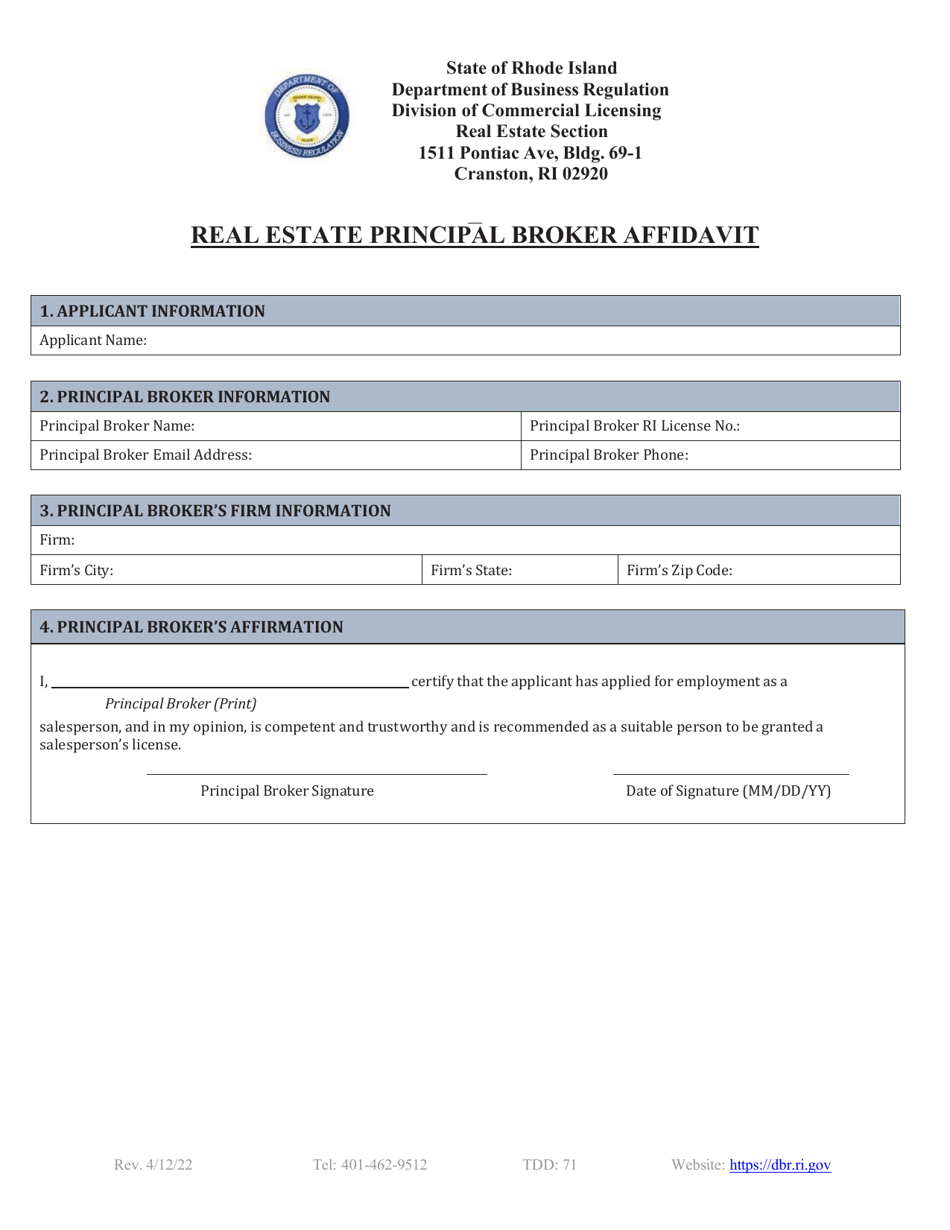 Rhode Island Real Estate Principal Broker Affidavit Fill Out, Sign