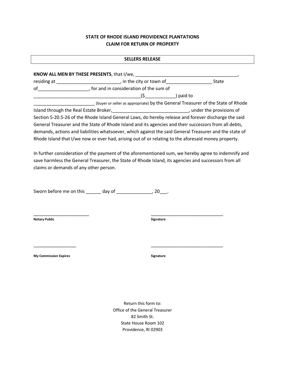 Rhode Island Providence Plantations Claim for Return of Property