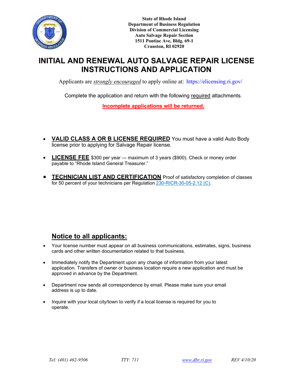 Rhode Island Initial and Renewal Auto Salvage Repair Application - Fill