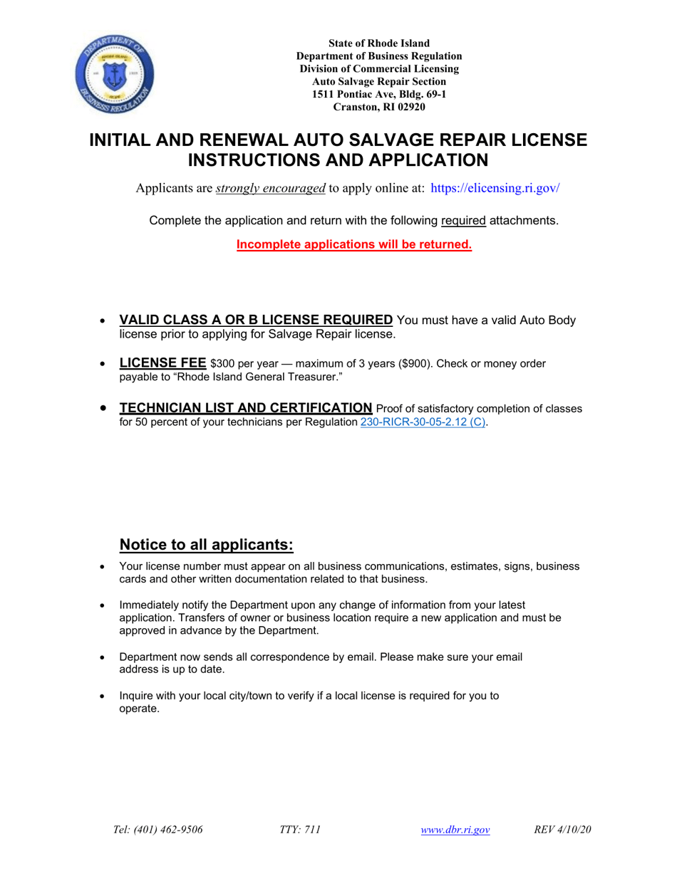 Initial and Renewal Auto Salvage Repair Application - Rhode Island, Page 1