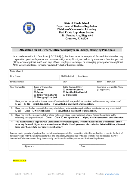Attestation for All Owners / Officers / Employee-In-charge / Managing Principals - Rhode Island Download Pdf