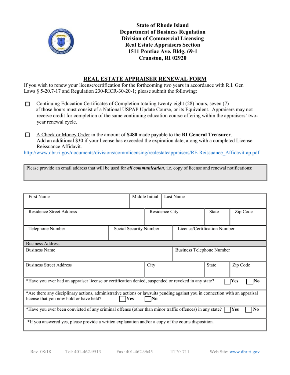 Rhode Island Real Estate Appraiser Renewal Form Fill Out, Sign Online