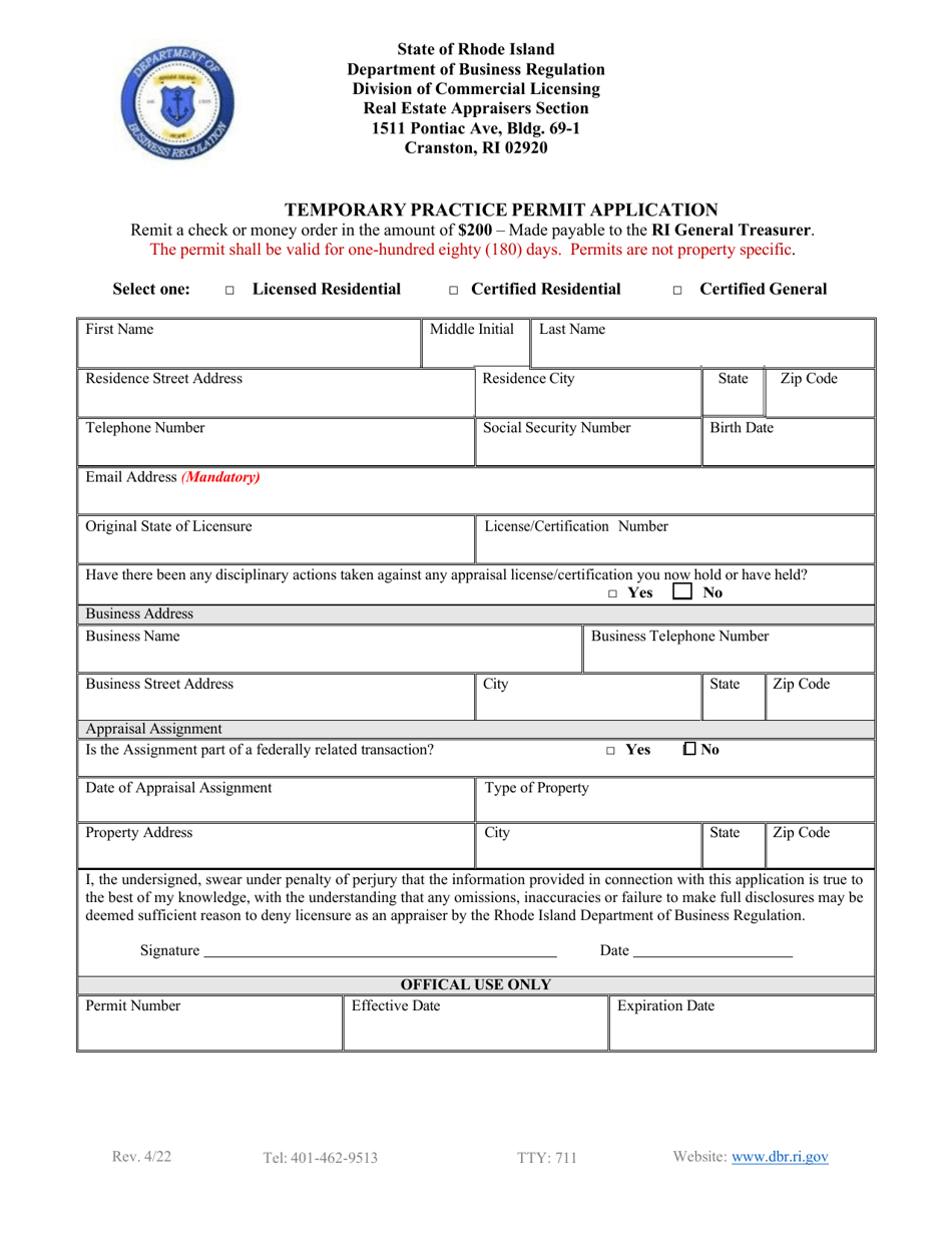 Temporary Practice Permit Application - Rhode Island, Page 1