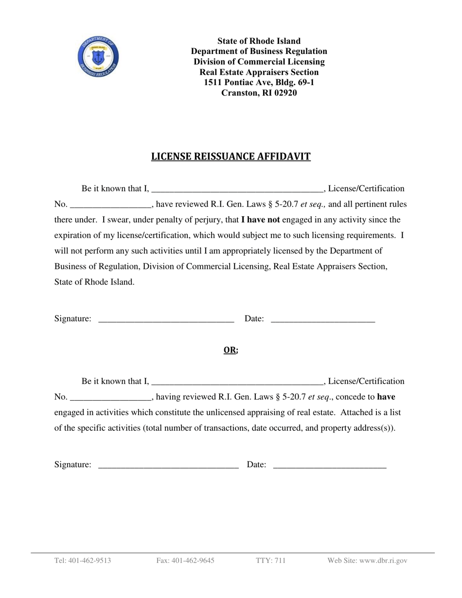 License Reissuance Affidavit - Rhode Island, Page 1