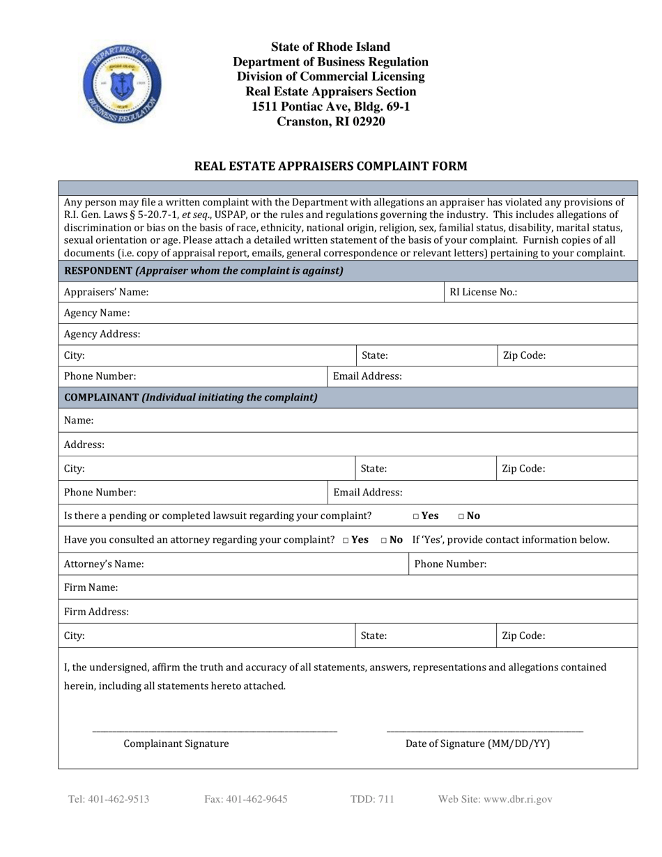 Real Estate Appraisers Complaint Form - Rhode Island, Page 1