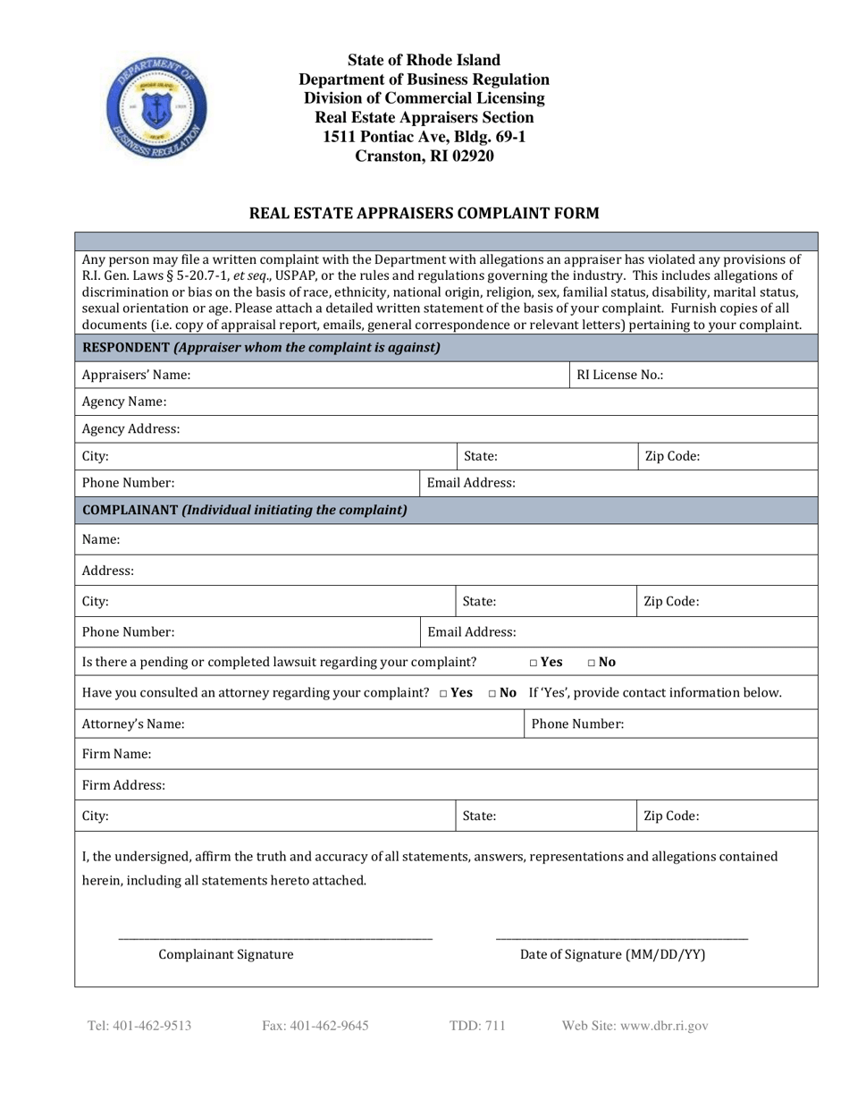 Rhode Island Real Estate Appraisers Complaint Form Fill Out, Sign