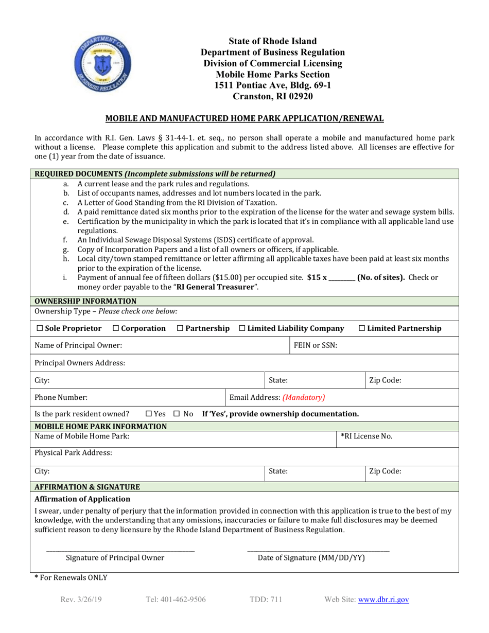 Rhode Island Mobile and Manufactured Home Park Application/Renewal