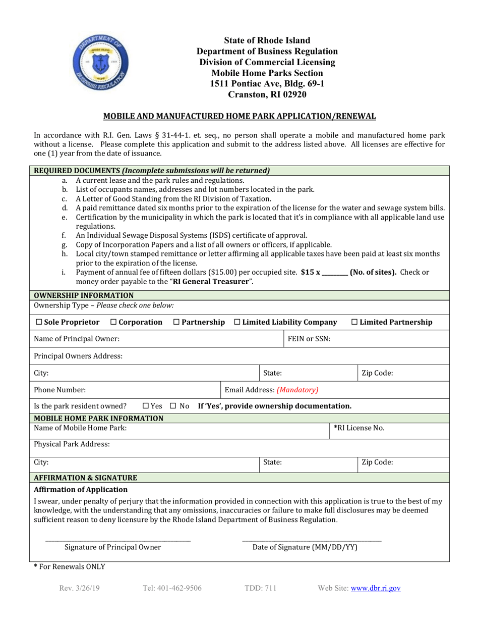 Mobile and Manufactured Home Park Application / Renewal - Rhode Island, Page 1