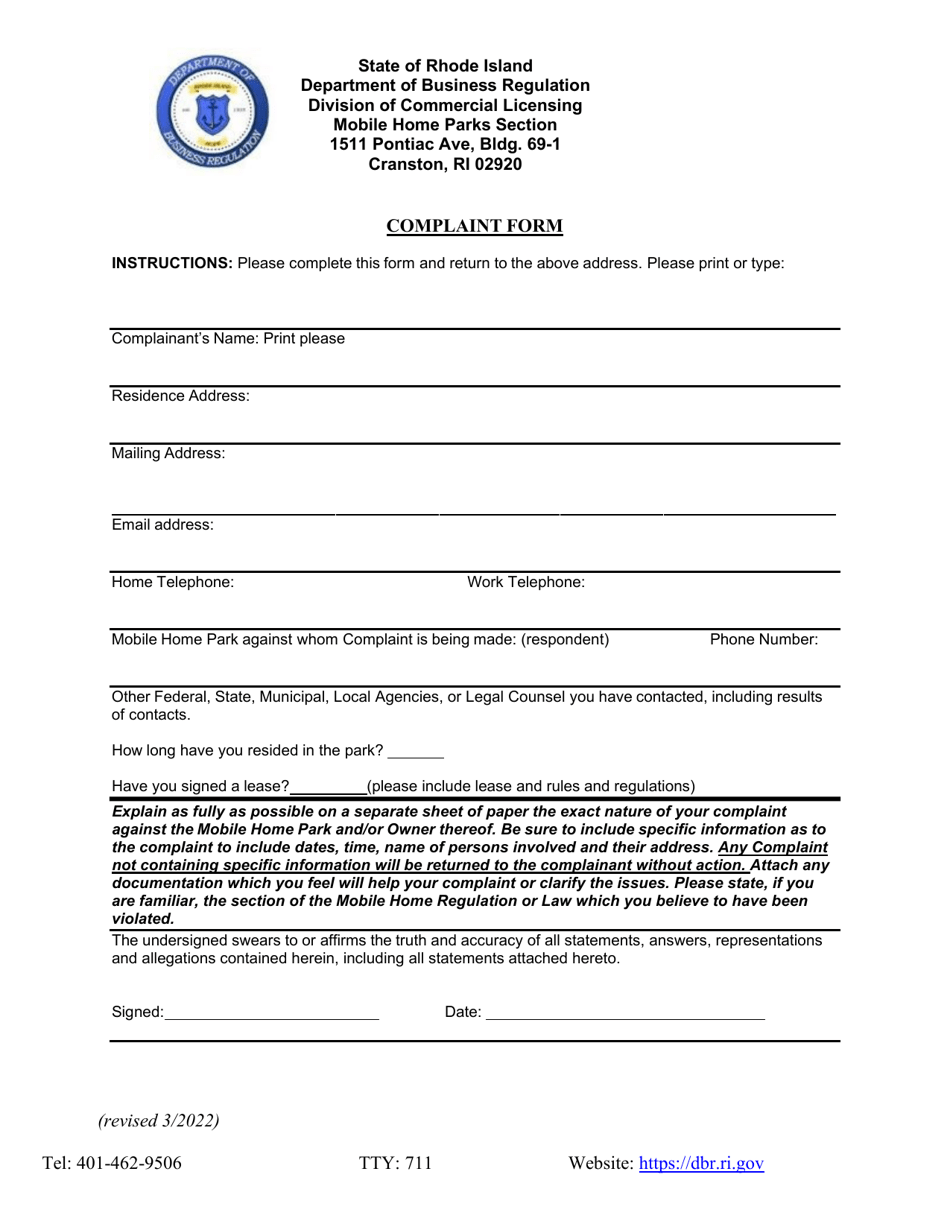 Complaint Form - Rhode Island, Page 1