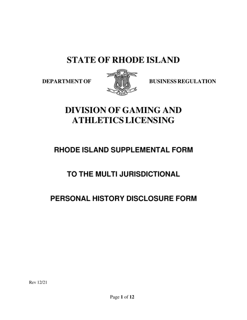 Rhode Island Supplemental Form to the Multi Jurisdictional Personal History Disclosure Form - Rhode Island