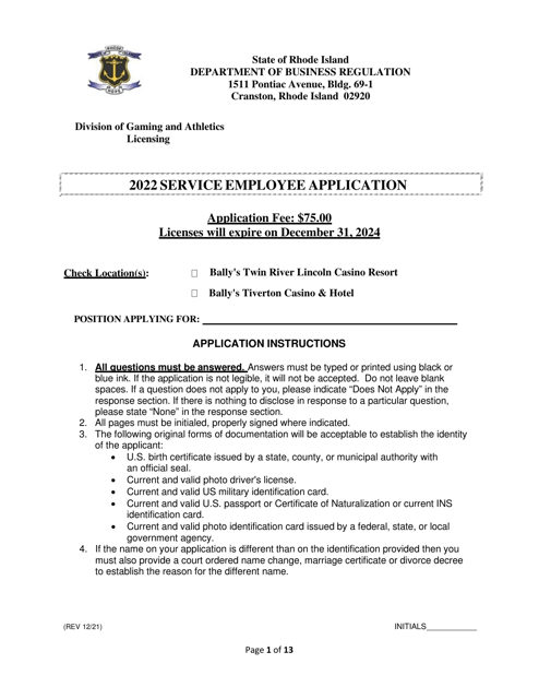 Service Employee Application - Rhode Island Download Pdf