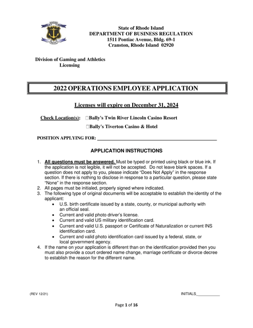 Operations Employee Application - Rhode Island Download Pdf