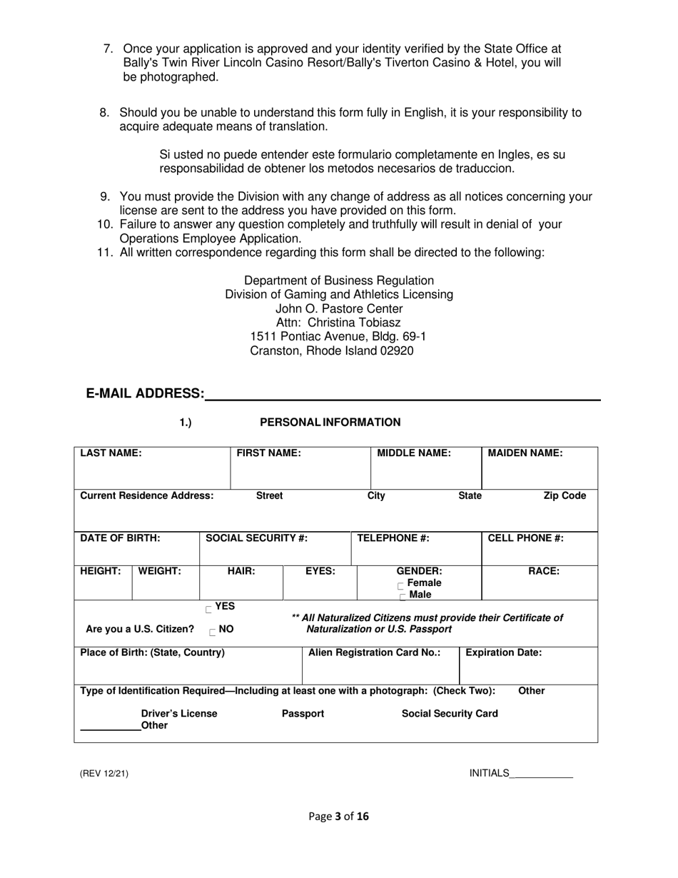 Operations Employee Application - Rhode Island, Page 3