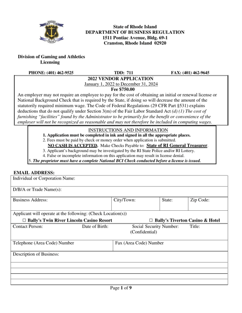 Vendor Application - Rhode Island Download Pdf