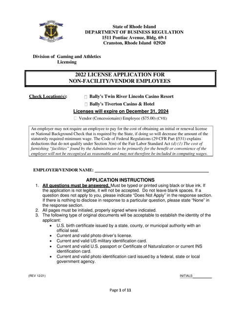 License Application for Non-facility / Vendor Employees - Rhode Island Download Pdf