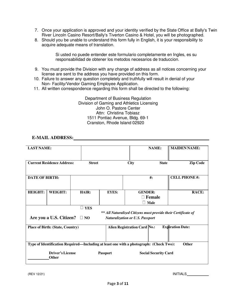 License Application for Non-facility / Vendor Employees - Rhode Island, Page 3