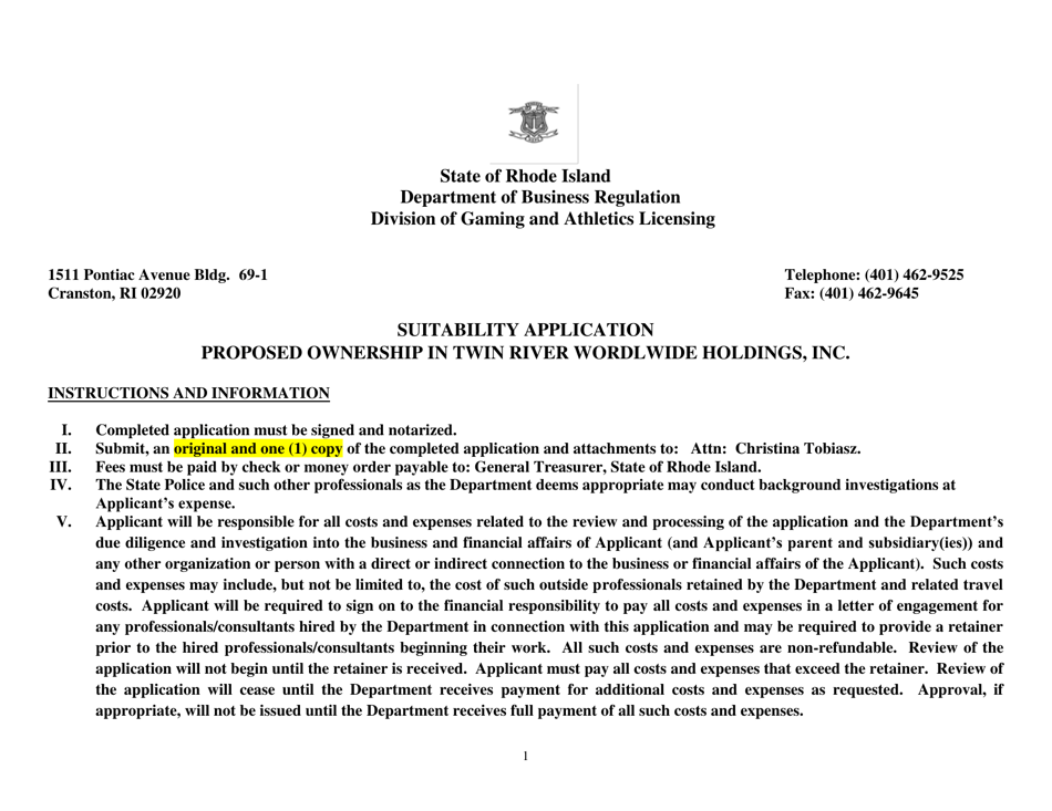 Suitability Application for Acquisition of Ownership Interest in Gaming Facility - Rhode Island, Page 1