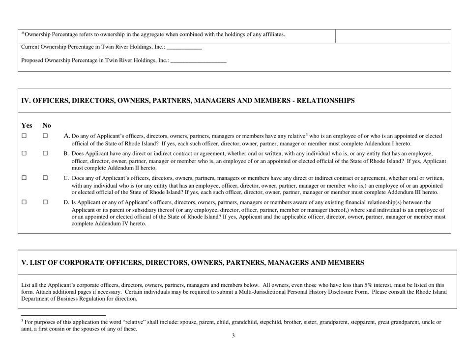 Suitability Application for Acquisition of Ownership Interest in Gaming Facility - Rhode Island, Page 3