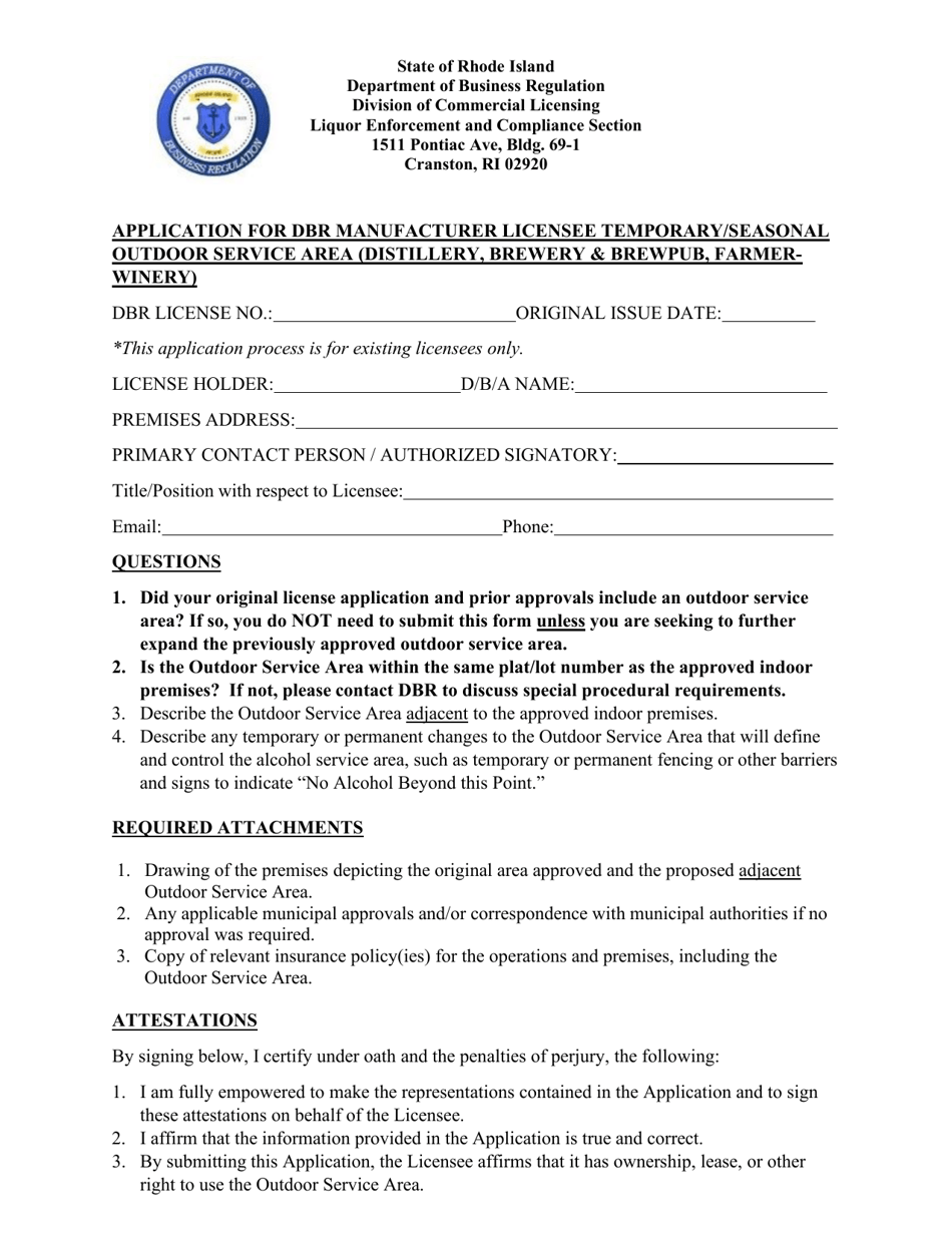 Application for Dbr Manufacturer Licensee Temporary / Seasonal Outdoor Service Area (Distillery, Brewery  Brewpub, Farmerwinery) - Rhode Island, Page 1