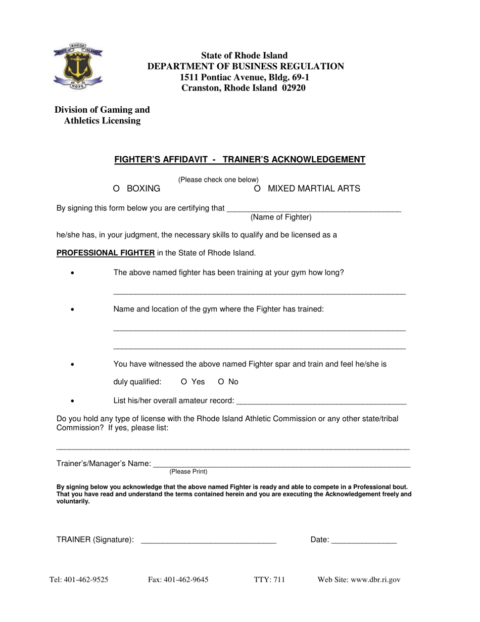 Fighters Affidavit - Trainers Acknowledgement - Rhode Island, Page 1