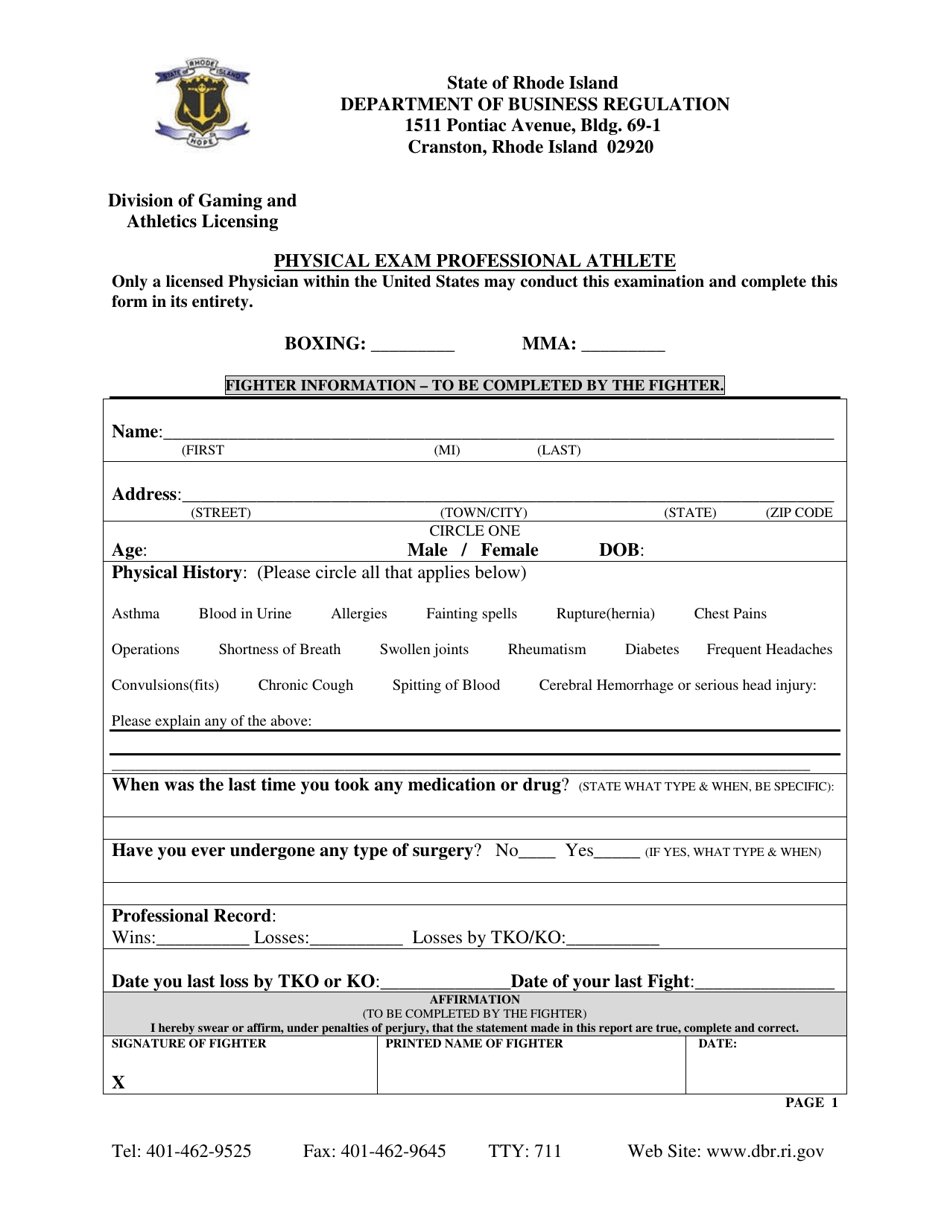 Physical Exam Professional Athlete - Rhode Island, Page 1