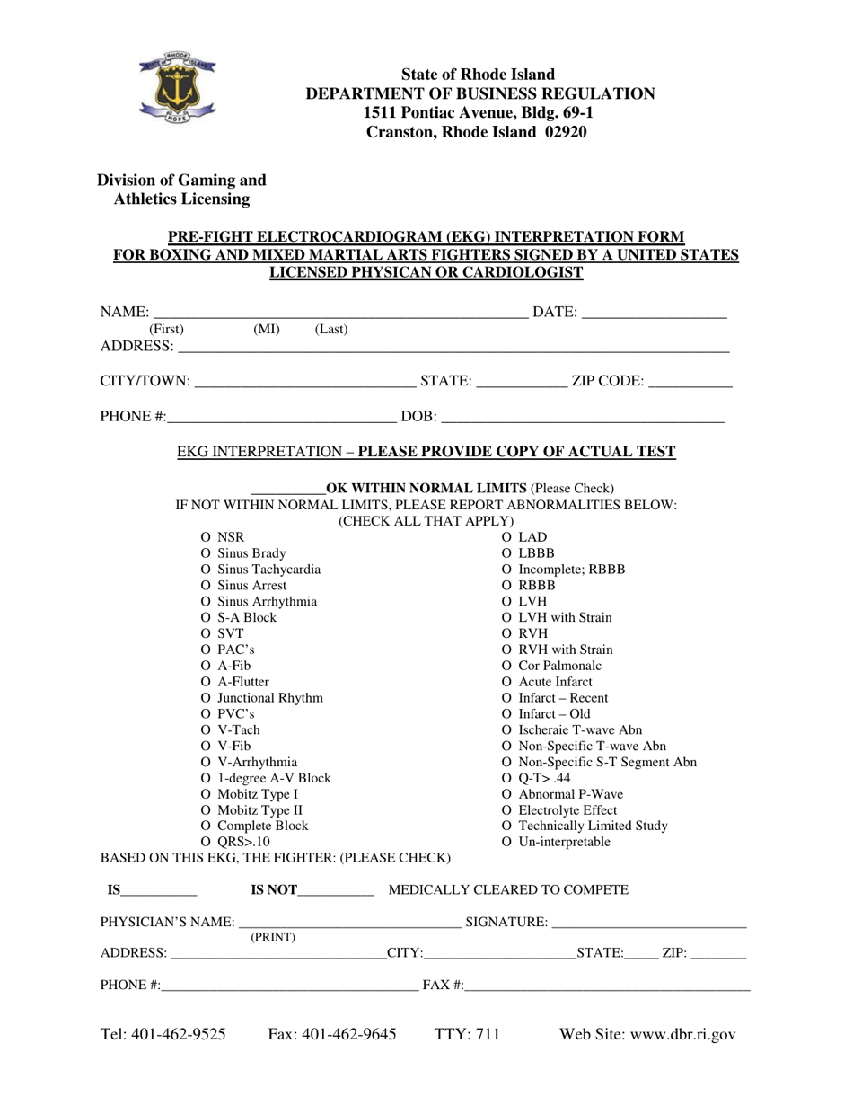 Pre-fight Electrocardiogram (Ekg) Interpretation Form for Boxing and Mixed Martial Arts Fighters Signed by a United States Licensed Physican or Cardiologist - Rhode Island, Page 1