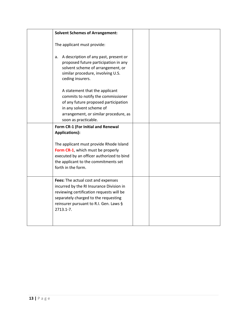 Uniform Application Checklist for Certified Reinsurers - Rhode Island, Page 13
