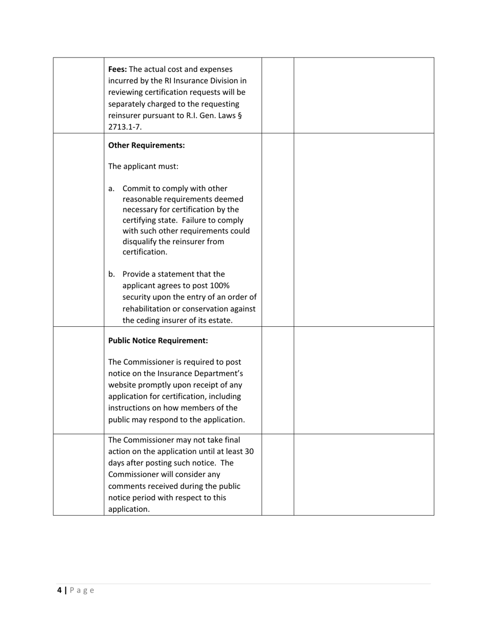 Uniform Application Checklist for Certified Reinsurers - Rhode Island, Page 4