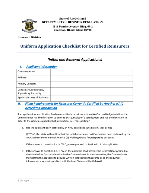 Uniform Application Checklist for Certified Reinsurers - Rhode Island Download Pdf