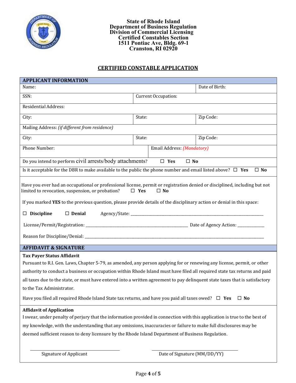 Rhode Island Certified Constable Application Fill Out, Sign Online and Download PDF