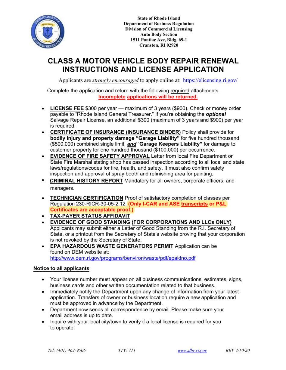 Class a Motor Vehicle Repair Renewal Application - Rhode Island, Page 1