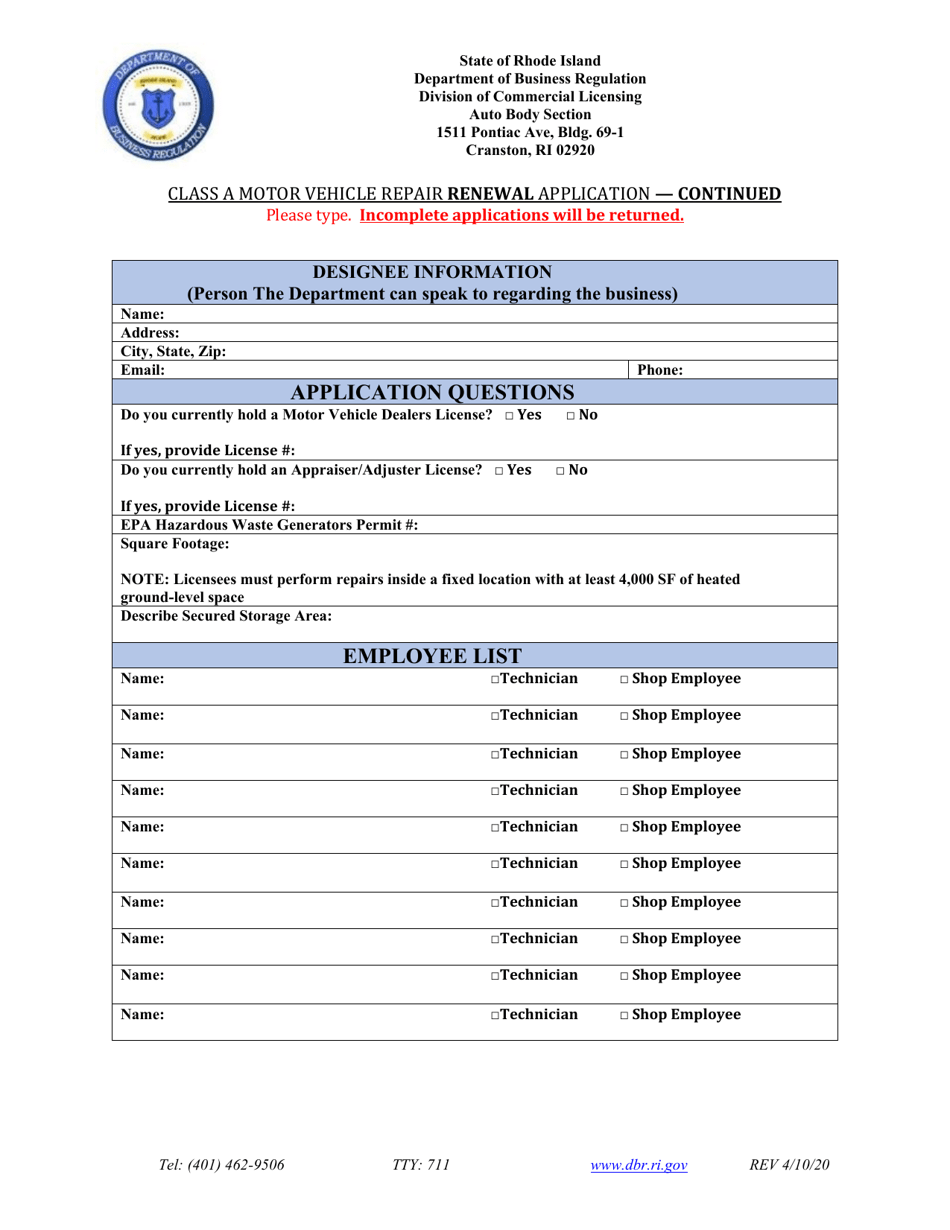 Class a Motor Vehicle Repair Renewal Application - Rhode Island, Page 3
