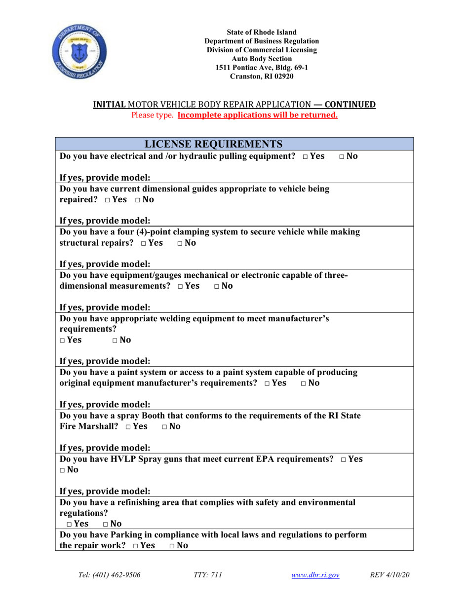 Initial Motor Vehicle Body Repair Application - Rhode Island, Page 4