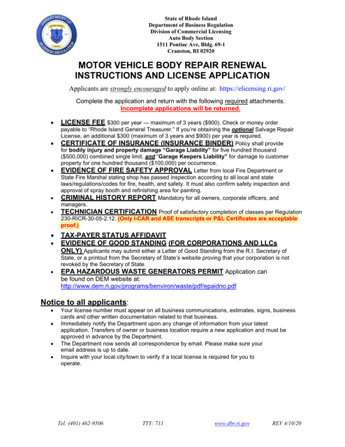 Motor Vehicle Body Repair Renewal Application - Rhode Island Download Pdf