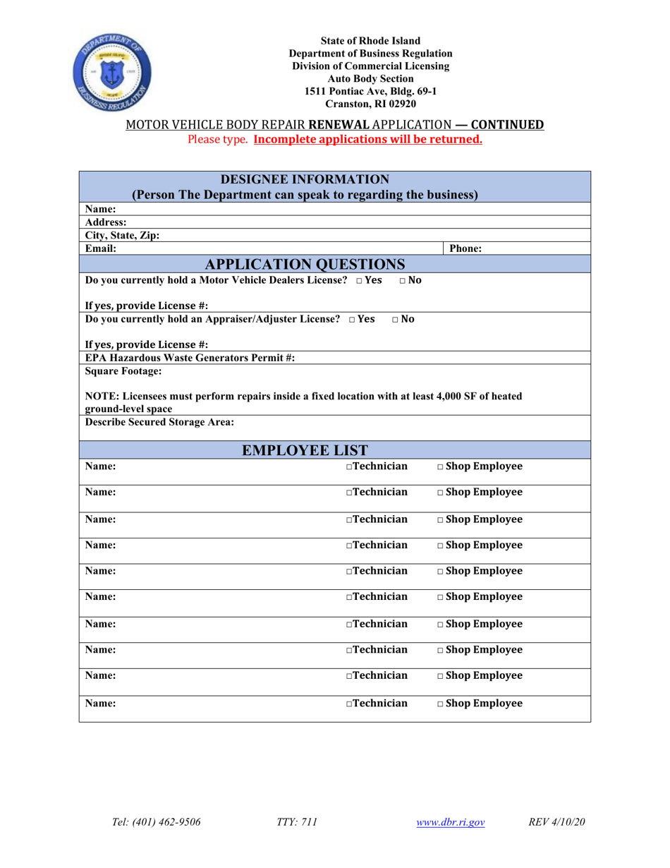 Motor Vehicle Body Repair Renewal Application - Rhode Island, Page 3