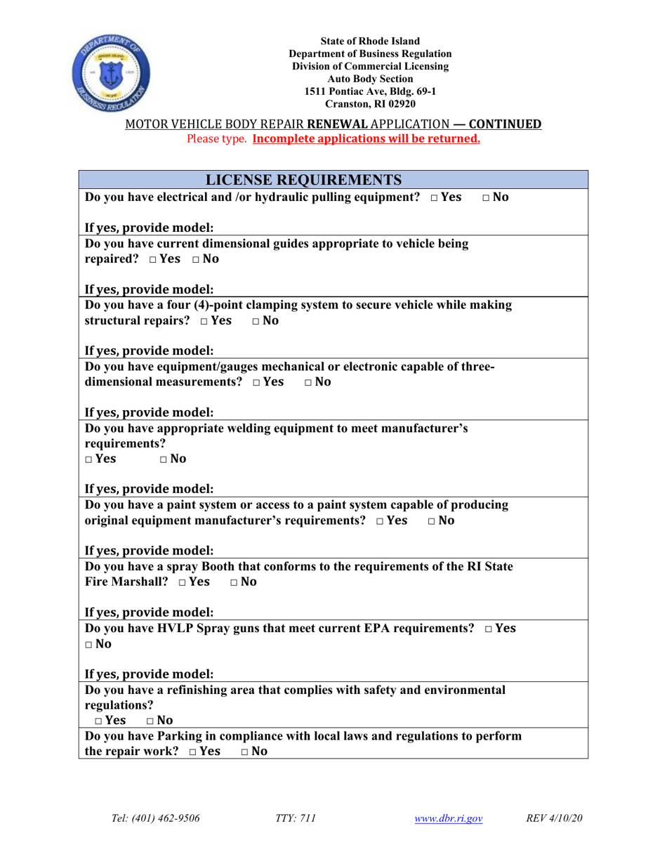 Motor Vehicle Body Repair Renewal Application - Rhode Island, Page 4