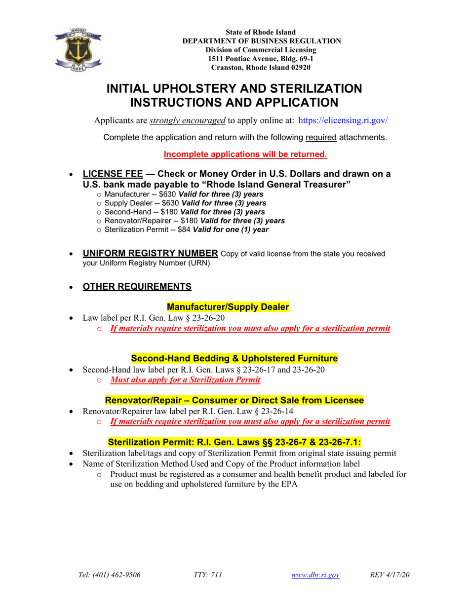 Initial Upholstery Application - Rhode Island, Page 1