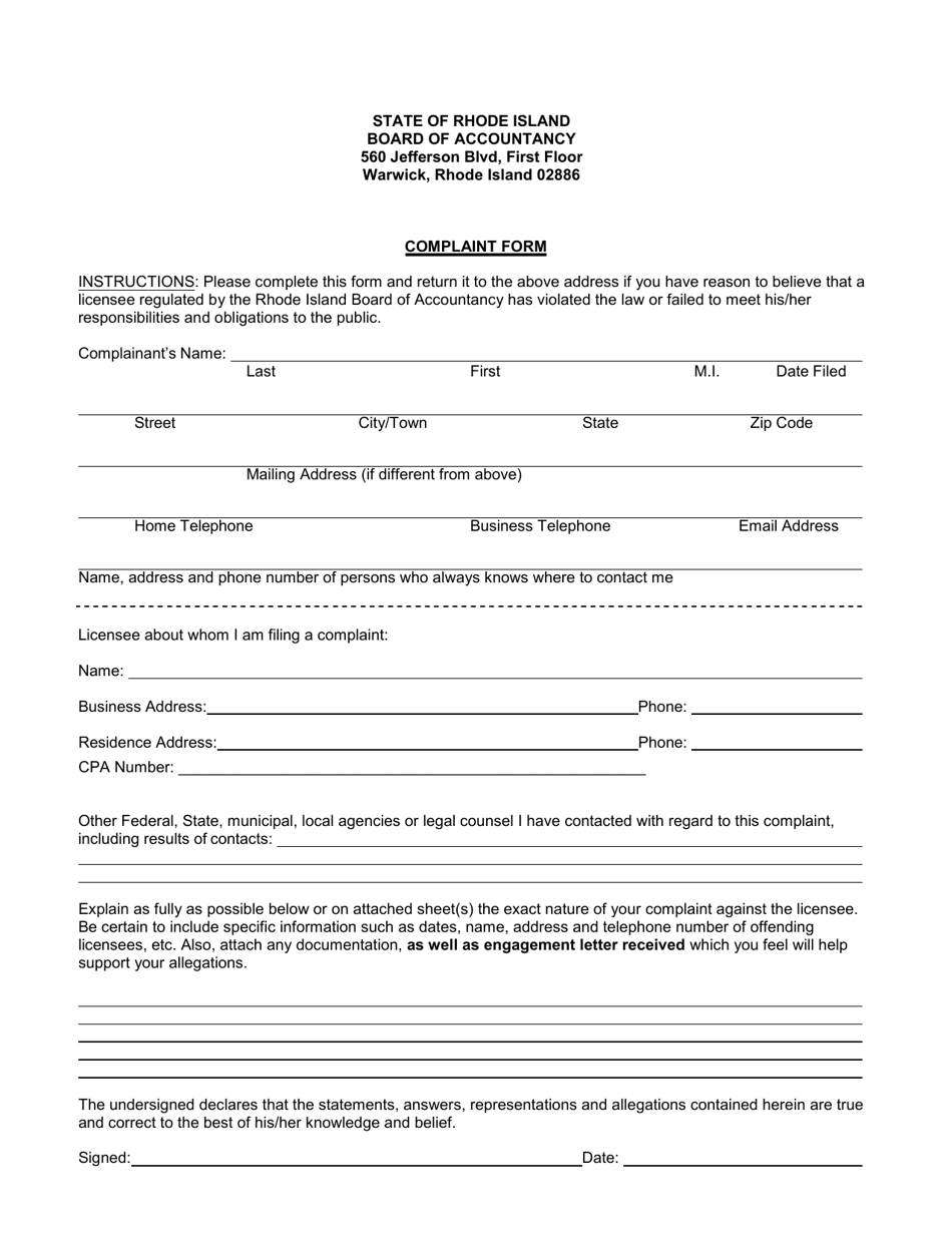 Complaint Form - Rhode Island, Page 1