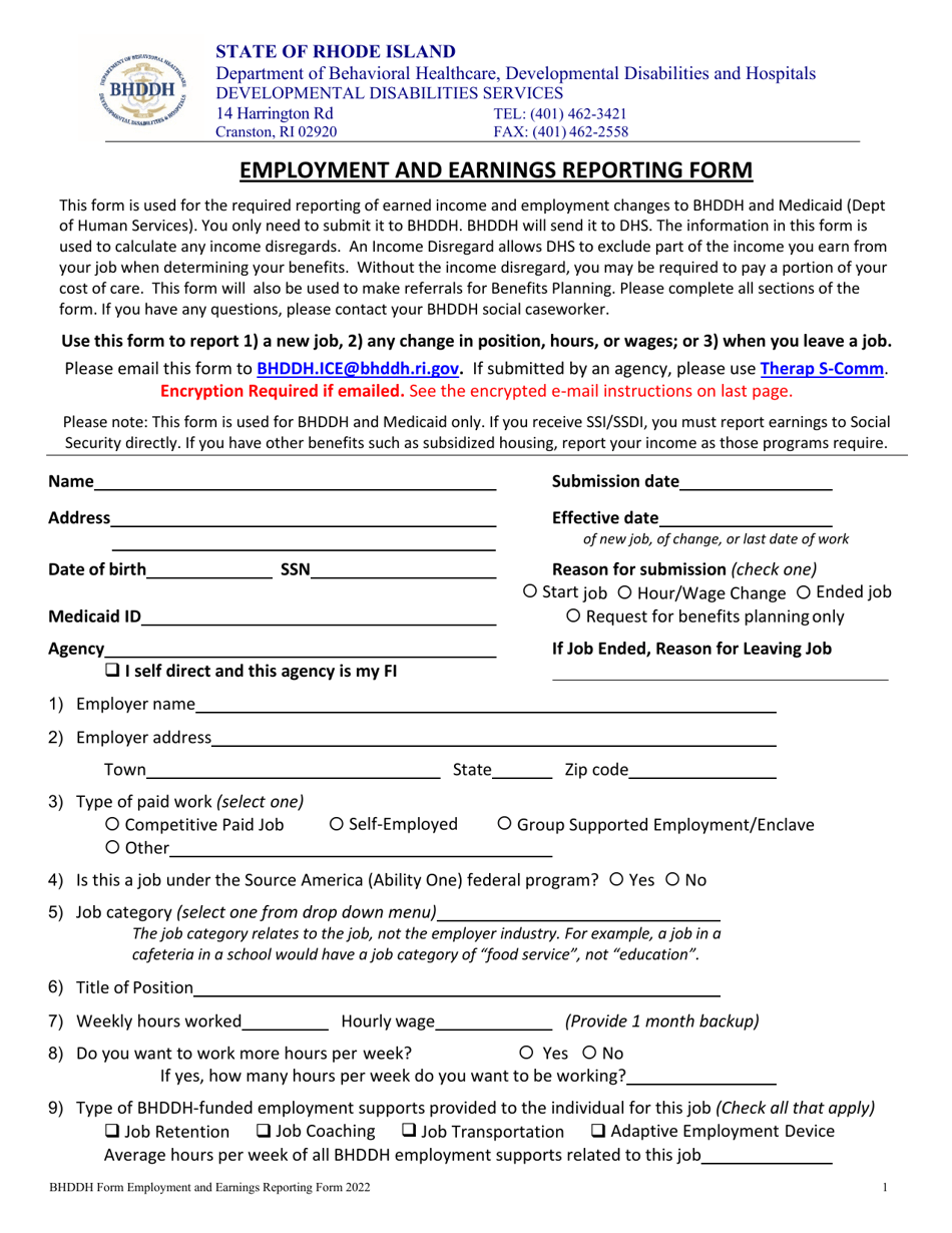 Employment and Earnings Reporting Form - Rhode Island, Page 1