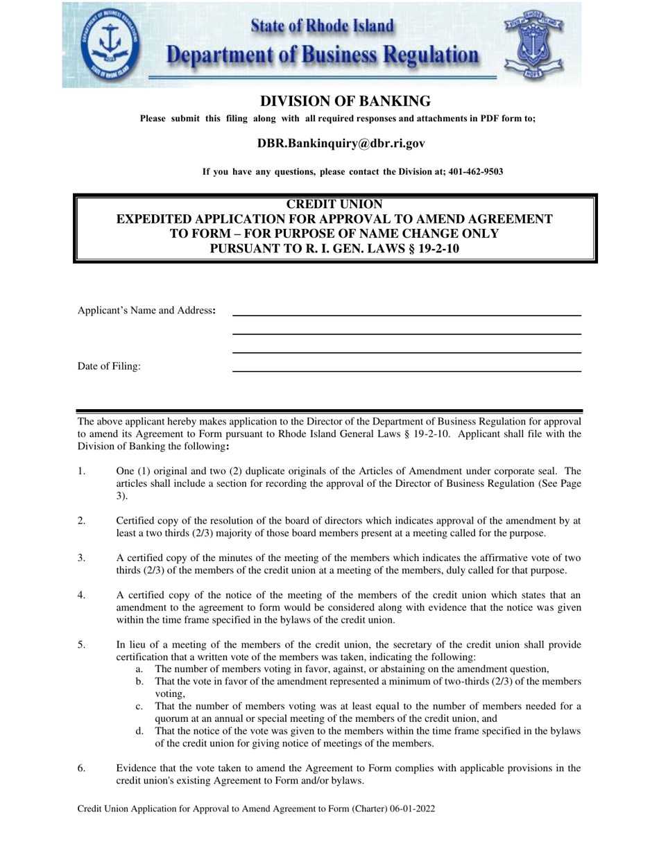 Rhode Island Credit Union Expedited Application for Approval to Amend