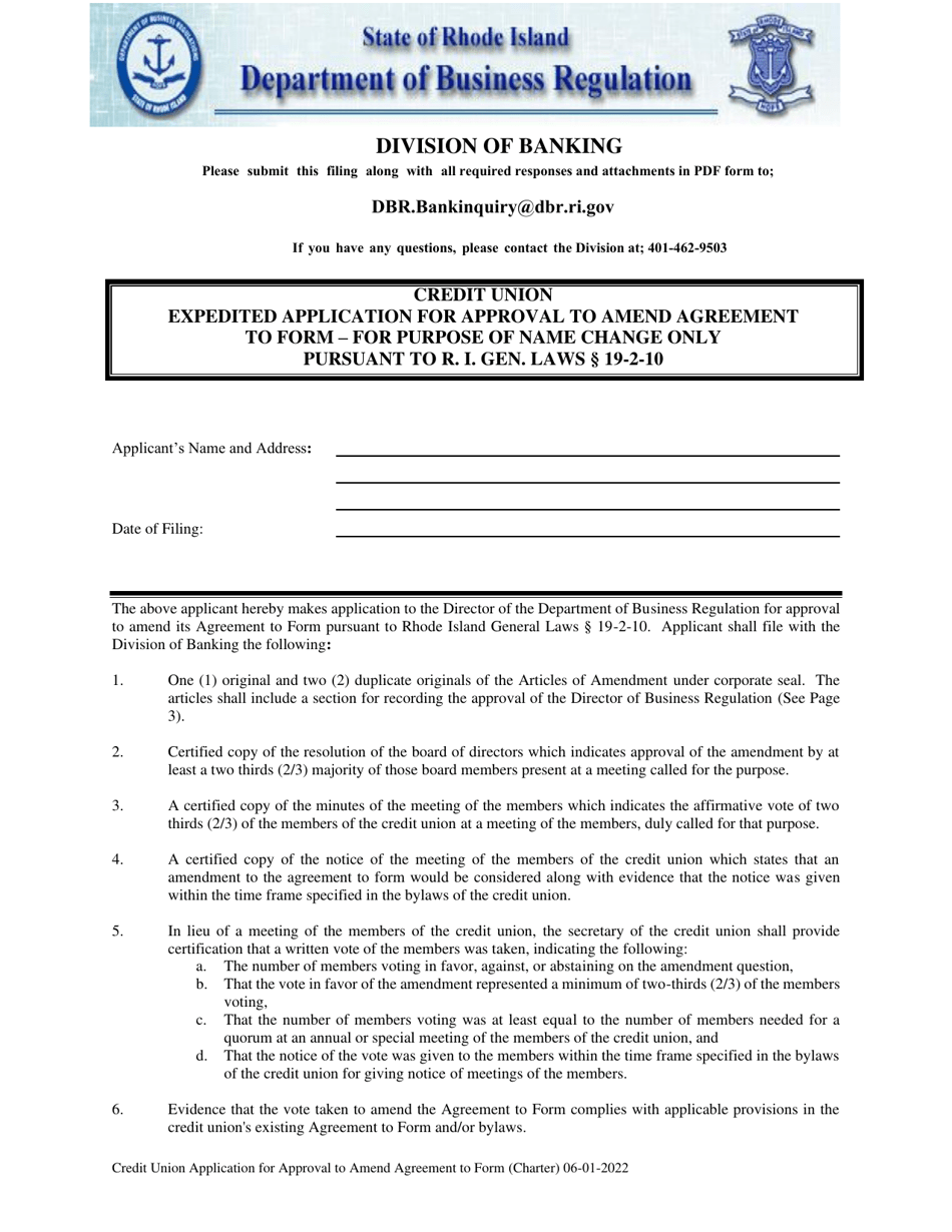 Credit Union Expedited Application for Approval to Amend Agreement to Form - for Purpose of Name Change Only Pursuant to R. I. Gen. Laws 19-2-10 - Rhode Island, Page 1