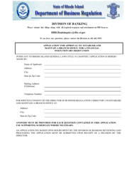 Document preview: Application for Approval to Establish and Maintain a Branch Office for a Financial Institution or Credit Union - Rhode Island