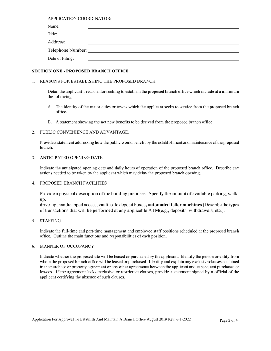 Application for Approval to Establish and Maintain a Branch Office for a Financial Institution or Credit Union - Rhode Island, Page 2